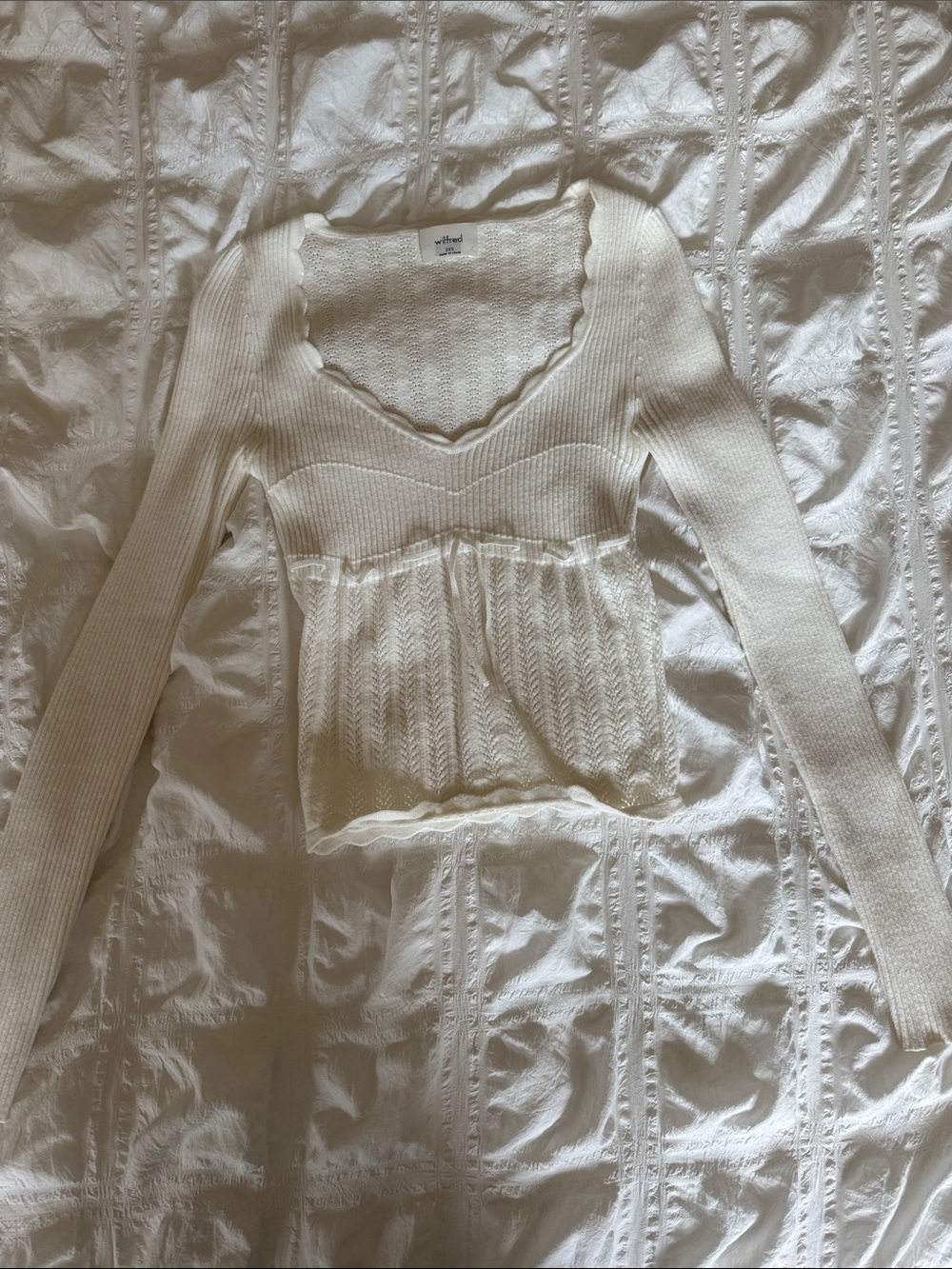 Aritzia Cream Scallop V-Neck Knit Top